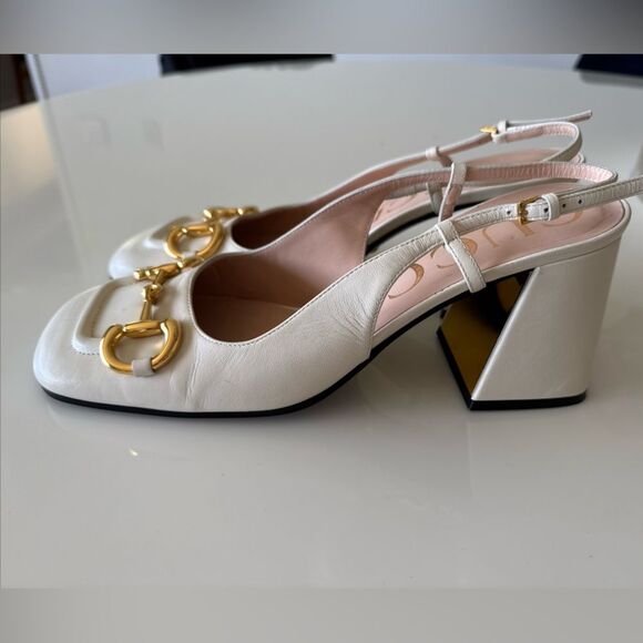 GUCCI Baby Horsebit Slingback Block Heel Pump White Ivory Size EU 40.5 US 10.5 - Picture 3 of 8